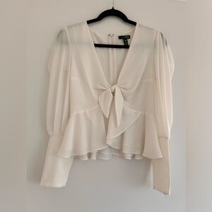 Aqua Ivory Tie-Front Long Sleeve Peplum Blouse - Size S